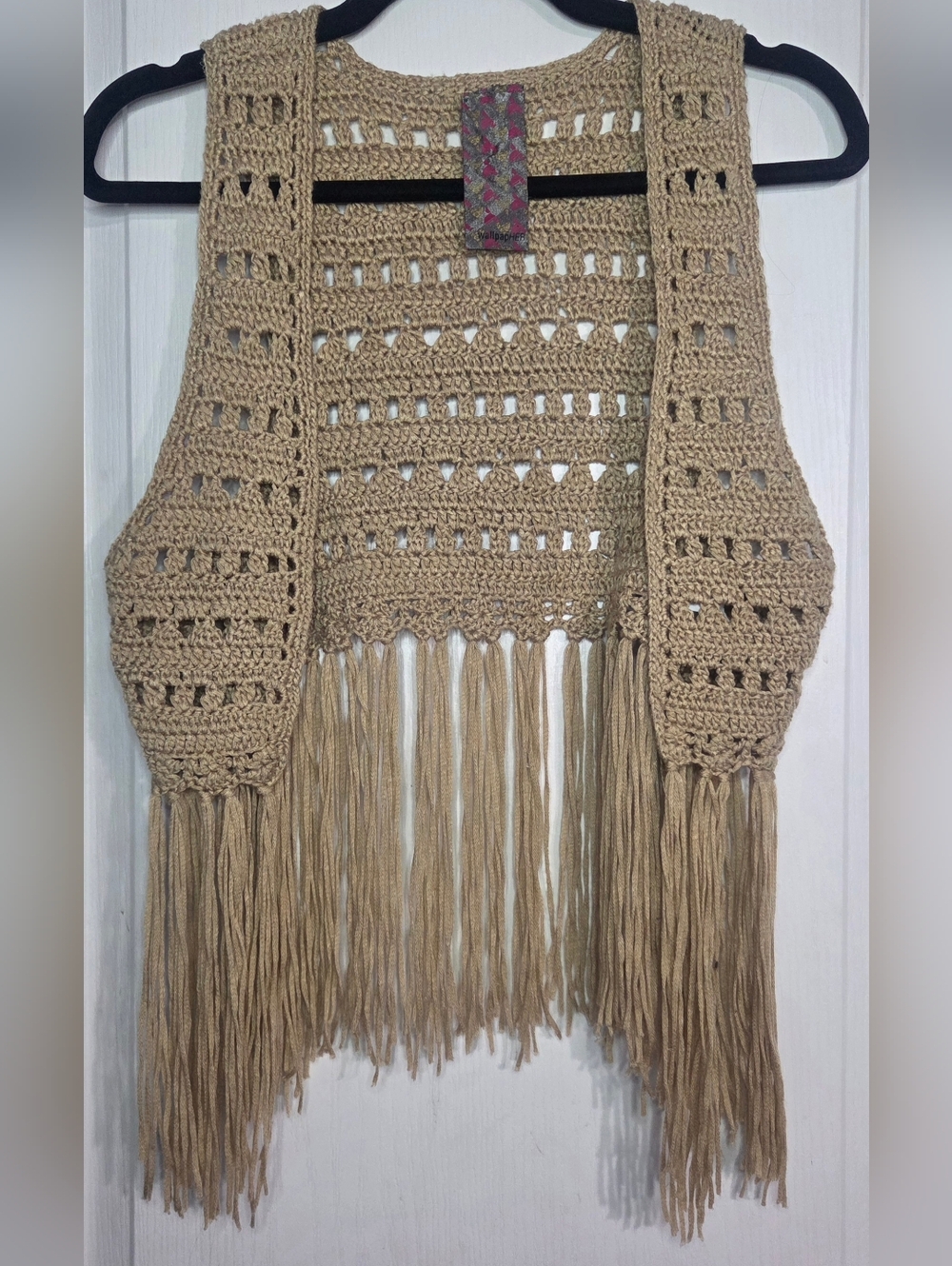 Boho Fringe Crochet Vest Tan Size Small - Picture 1 of 5